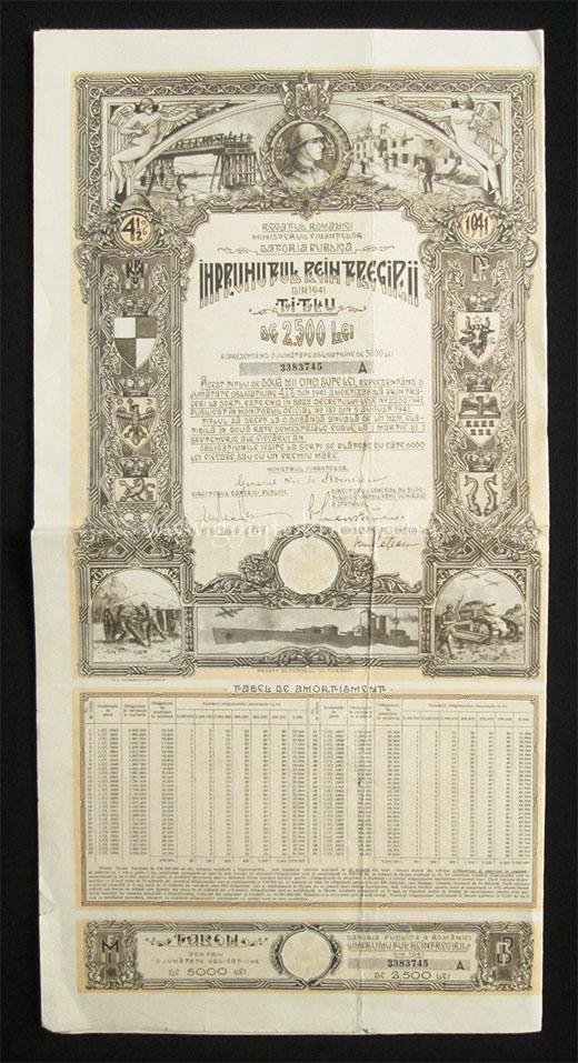 Románia II. VH Hadi kötvény 2500 lei 1941